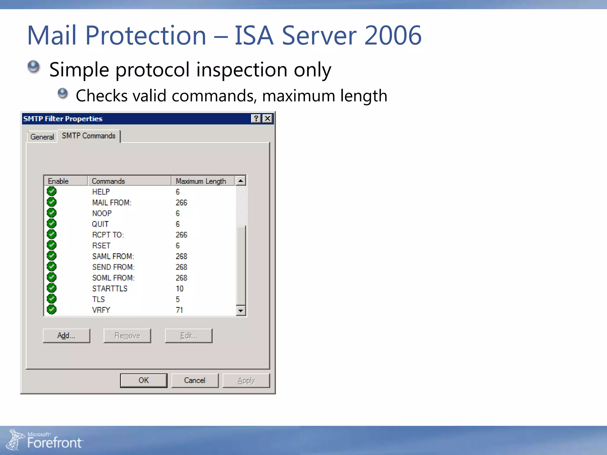 Mail Protection – ISA Server 2006
 Simple protocol inspection only
     Checks valid commands, maximum length




  External Network               SMTP Filter   SMTP Server
 