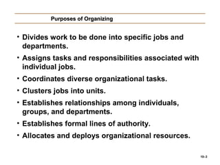 10–3
Purposes of OrganizingPurposes of Organizing
• Divides work to be done into specific jobs and
departments.
• Assigns tasks and responsibilities associated with
individual jobs.
• Coordinates diverse organizational tasks.
• Clusters jobs into units.
• Establishes relationships among individuals,
groups, and departments.
• Establishes formal lines of authority.
• Allocates and deploys organizational resources.
 