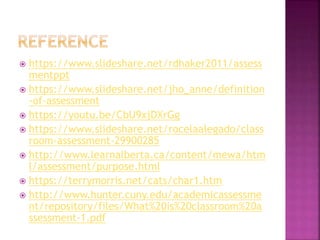  https://www.slideshare.net/rdhaker2011/assess
mentppt
 https://www.slideshare.net/jho_anne/definition
-of-assessment
 https://youtu.be/CbU9xjDXrGg
 https://www.slideshare.net/rocelaalegado/class
room-assessment-29900285
 http://www.learnalberta.ca/content/mewa/htm
l/assessment/purpose.html
 https://terrymorris.net/cats/char1.htm
 http://www.hunter.cuny.edu/academicassessme
nt/repository/files/What%20is%20classroom%20a
ssessment-1.pdf
 