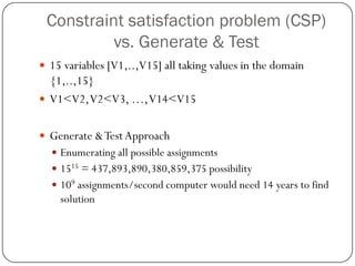 Constraint satisfaction problem (CSP) vs. Generate & Test 
15 variables [V1,..,V15] all taking values in the domain {1,..,15} 
V1<V2, V2<V3, …, V14<V15 
Generate & Test Approach 
Enumerating all possible assignments 
1515= 437,893,890,380,859,375 possibility 
109assignments/second computer would need 14 years to find solution  