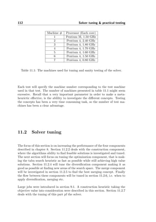 112 Solver tuning & practical testing
Machine # Processor (Each core)
1 Pentium M, 1.50 GHz
2 Pentium 4, 2.40 GHz
3 Pentium 4, 1.80 GHz
4 Pentium 4, 1.70 GHz
5 Pentium 4, 1.60 GHz
6 Pentium 4, 1.50 GHz
7 Pentium 4, 0.80 GHz
Table 11.1: The machines used for tuning and sanity testing of the solver.
Each test will specify the machine number corresponding to the test machine
used in that test. The number of machines presented in table 11.1 might seem
excessive. Recall that a very important parameter in order to make a meta-
heurictic eﬀective, is the ablility to investigate the diﬀerent concepts. Testing
the concepts has been a very time consuming task, so the number of test ma-
chines has been a clear advantage.
11.2 Solver tuning
The focus of this section is on increasing the performance of the four components
described in chapter 8. Section 11.2.2 deals with the construction component,
where the algorithms ability to ﬁnd feasible solutions is investigated and tuned.
The next section will focus on tuning the optimization component, that is mak-
ing the tabu search heuristic as fast as possible while still achieving high value
solutions. Section 11.2.4 will tune the diversiﬁcation component making it as
good as possible at ﬁnding new areas of the search space. The merge component
will be investigated in section 11.2.5 to ﬁnd the best merging concept. Finally
the ﬂow between these components will be tuned in section 11.2.6, i.e. when to
apply diversiﬁcation, merging etc.
Large jobs were introduced in section 9.1. A construction heuristic taking the
objective value into consideration were described in this section. Section 11.2.7
deals with the tuning of this part pf the solver.
 