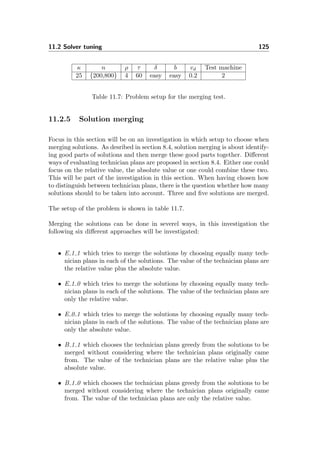 11.2 Solver tuning 125
κ n ρ τ δ b vd Test machine
25 {200,800} 4 60 easy easy 0.2 2
Table 11.7: Problem setup for the merging test.
11.2.5 Solution merging
Focus in this section will be on an investigation in which setup to choose when
merging solutions. As desribed in section 8.4, solution merging is about identify-
ing good parts of solutions and then merge these good parts together. Diﬀerent
ways of evaluating technician plans are proposed in section 8.4. Either one could
focus on the relative value, the absolute value or one could combine these two.
This will be part of the investigation in this section. When having chosen how
to distinguish between technician plans, there is the question whether how many
solutions should to be taken into account. Three and ﬁve solutions are merged.
The setup of the problem is shown in table 11.7.
Merging the solutions can be done in severel ways, in this investigation the
following six diﬀerent approaches will be investigated:
• E 1 1 which tries to merge the solutions by choosing equally many tech-
nician plans in each of the solutions. The value of the technician plans are
the relative value plus the absolute value.
• E 1 0 which tries to merge the solutions by choosing equally many tech-
nician plans in each of the solutions. The value of the technician plans are
only the relative value.
• E 0 1 which tries to merge the solutions by choosing equally many tech-
nician plans in each of the solutions. The value of the technician plans are
only the absolute value.
• B 1 1 which chooses the technician plans greedy from the solutions to be
merged without considering where the technician plans originally came
from. The value of the technician plans are the relative value plus the
absolute value.
• B 1 0 which chooses the technician plans greedy from the solutions to be
merged without considering where the technician plans originally came
from. The value of the technician plans are only the relative value.
 