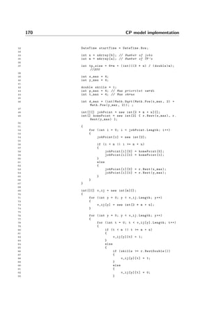 170 CP model implementation
32 DateTime startTime = DateTime.Now;
33
34 int n = nArray[b]; // Number of jobs
35 int m = mArray[a]; // Number of TP ’s
36
37 int tp_size = 6*m + (int)((3 * n) / (double)m);
// 200
38
39 int x_max = 4;
40 int y_max = 4;
41
42 double skills = 1;
43 int p_max = 4; // Max prioritet værdi
44 int t_max = 4; // Max skrue
45
46 int d_max = (int)Math.Sqrt(Math.Pow(x_max , 2) +
Math.Pow(y_max , 2)); ;
47
48 int [][] jobPoint = new int[2 * m + n][];
49 int [] homePoint = new int [2] { r.Next(x_max), r.
Next(y_max) };
50
51 {
52 for (int i = 0; i < jobPoint.Length; i++)
53 {
54 jobPoint[i] = new int [2];
55
56 if (i < m || i >= m + n)
57 {
58 jobPoint[i][0] = homePoint [0];
59 jobPoint[i][1] = homePoint [1];
60 }
61 else
62 {
63 jobPoint[i][0] = r.Next(x_max);
64 jobPoint[i][1] = r.Next(y_max);
65 }
66 }
67 }
68
69 int [][] v_ij = new int[m][];
70 {
71 for (int y = 0; y < v_ij.Length; y++)
72 {
73 v_ij[y] = new int[2 * m + n];
74 }
75
76 for (int y = 0; y < v_ij.Length; y++)
77 {
78 for (int t = 0; t < v_ij[y]. Length; t++)
79 {
80 if (t < m || t >= m + n)
81 {
82 v_ij[y][t] = 1;
83 }
84 else
85 {
86 if (skills >= r.NextDouble ())
87 {
88 v_ij[y][t] = 1;
89 }
90 else
91 {
92 v_ij[y][t] = 0;
93 }
 