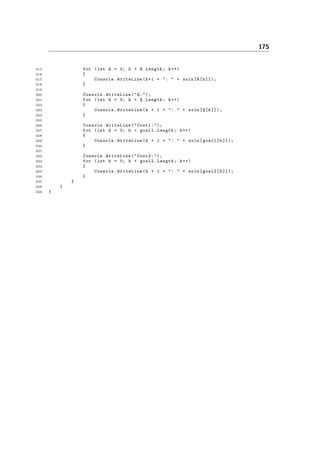 175
315 for (int h = 0; h < R.Length; h++)
316 {
317 Console.WriteLine(h+1 + ": " + soln[R[h]]);
318 }
319
320 Console.WriteLine("Q:");
321 for (int h = 0; h < Q.Length; h++)
322 {
323 Console.WriteLine(h + 1 + ": " + soln[Q[h]]);
324 }
325
326 Console.WriteLine("Cost1:");
327 for (int h = 0; h < goal1.Length; h++)
328 {
329 Console.WriteLine(h + 1 + ": " + soln[goal1[h]]);
330 }
331
332 Console.WriteLine("Cost2:");
333 for (int h = 0; h < goal2.Length; h++)
334 {
335 Console.WriteLine(h + 1 + ": " + soln[goal2[h]]);
336 }
337 }
338 }
339 }
 