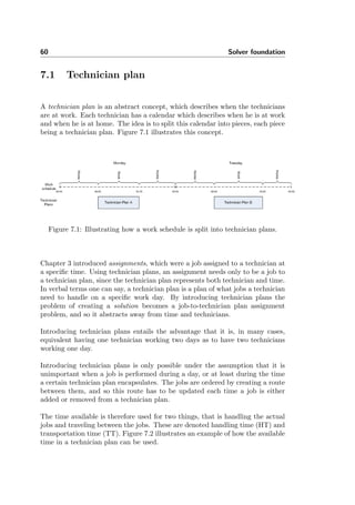 60 Solver foundation
7.1 Technician plan
A technician plan is an abstract concept, which describes when the technicians
are at work. Each technician has a calendar which describes when he is at work
and when he is at home. The idea is to split this calendar into pieces, each piece
being a technician plan. Figure 7.1 illustrates this concept.
Figure 7.1: Illustrating how a work schedule is split into technician plans.
Chapter 3 introduced assignments, which were a job assigned to a technician at
a speciﬁc time. Using technician plans, an assignment needs only to be a job to
a technician plan, since the technician plan represents both technician and time.
In verbal terms one can say, a technician plan is a plan of what jobs a technician
need to handle on a speciﬁc work day. By introducing technician plans the
problem of creating a solution becomes a job-to-technician plan assignment
problem, and so it abstracts away from time and technicians.
Introducing technician plans entails the advantage that it is, in many cases,
equivalent having one technician working two days as to have two technicians
working one day.
Introducing technician plans is only possible under the assumption that it is
unimportant when a job is performed during a day, or at least during the time
a certain technician plan encapsulates. The jobs are ordered by creating a route
between them, and so this route has to be updated each time a job is either
added or removed from a technician plan.
The time available is therefore used for two things, that is handling the actual
jobs and traveling between the jobs. These are denoted handling time (HT) and
transportation time (TT). Figure 7.2 illustrates an example of how the available
time in a technician plan can be used.
 