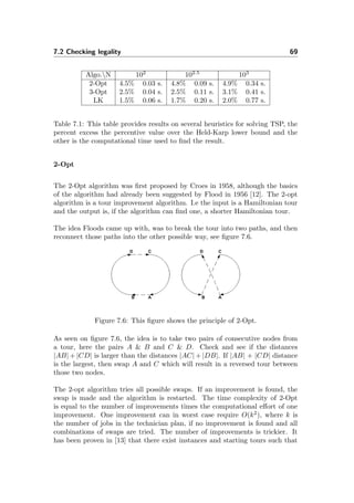 7.2 Checking legality 69
Algo.N 102
102.5
103
2-Opt 4.5% 0.03 s. 4.8% 0.09 s. 4.9% 0.34 s.
3-Opt 2.5% 0.04 s. 2.5% 0.11 s. 3.1% 0.41 s.
LK 1.5% 0.06 s. 1.7% 0.20 s. 2.0% 0.77 s.
Table 7.1: This table provides results on several heuristics for solving TSP, the
percent excess the percentive value over the Held-Karp lower bound and the
other is the computational time used to ﬁnd the result.
2-Opt
The 2-Opt algorithm was ﬁrst proposed by Croes in 1958, although the basics
of the algorithm had already been suggested by Flood in 1956 [12]. The 2-opt
algorithm is a tour improvement algorithm. I.e the input is a Hamiltonian tour
and the output is, if the algorithm can ﬁnd one, a shorter Hamiltonian tour.
The idea Floods came up with, was to break the tour into two paths, and then
reconnect those paths into the other possible way, see ﬁgure 7.6.
Figure 7.6: This ﬁgure shows the principle of 2-Opt.
As seen on ﬁgure 7.6, the idea is to take two pairs of consecutive nodes from
a tour, here the pairs A & B and C & D. Check and see if the distances
|AB| + |CD| is larger than the distances |AC| + |DB|. If |AB| + |CD| distance
is the largest, then swap A and C which will result in a reversed tour between
those two nodes.
The 2-opt algorithm tries all possible swaps. If an improvement is found, the
swap is made and the algorithm is restarted. The time complexity of 2-Opt
is equal to the number of improvements times the computational eﬀort of one
improvement. One improvement can in worst case require O(k2
), where k is
the number of jobs in the technician plan, if no improvement is found and all
combinations of swaps are tried. The number of improvements is trickier. It
has been proven in [13] that there exist instances and starting tours such that
 