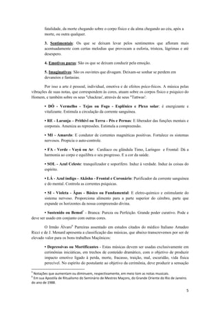 5 
 
fatalidade, da morte chegando sobre o corpo físico e da alma chegando ao céu, após a
morte, ou outra qualquer.
3. Sentimentais: Os que se deixam levar pelos sentimentos que afloram mais
acentuadamente com certas melodias que provocam a euforia, tristeza, lágrimas e até
desespero.
4. Emotivos puros: São os que se deixam conduzir pela emoção.
5. Imaginativos: São os ouvintes que divagam. Deixam-se sonhar se perdem em
devaneios e fantasias.
Por isso a arte é pessoal, individual, emotiva e de efeitos psíco-fsicos. A música pelas
vibrações de suas notas, que correspondem às cores, atuam sobre os corpos físico e psiquico do
Homem, e também sobre os seus "chackras', através de seus "Tattwas':
• DÓ - Vermelho - Tejas ou Fogo - Esplênico e Plexo solar: é energizante e
vitalizante. Estimula a circulação da corrente sanguínea.
• RE - Laranja – Prithivî ou Terra - Pés e Pernas: E liberador das funções mentais e
corporais. Ameniza as repressões. Estimula a compreensão.
• MI - Amarelo: E condutor de correntes magnéticas positivas. Fortalece os sistemas
nervosos. Propicia o auto-controle.
• FA - Verde - Vayú ou Ar: Cardíaco ou glândula Timo, Laríngeo e Frontal: Dá a
harmonia ao corpo e equilibra o seu progresso. E a cor da saúde.
• SOL - Azul Celeste: tranquilizador e soporífero. Induz à verdade. Induz às coisas do
espírito.
• LÁ - Azul índigo - Akâsha - Frontal e Coronário: Purificador da corrente sanguínea
e do mental. Controla as correntes psíquicas.
• SI - Violeta - Âpas - Básico ou Fundamental: E eletro-químico e estimulante do
sistema nervoso. Proporciona alimento para a parte superior do cérebro, parte que
expande os horizontes da nossa compreensão divina.
• Sustenido ou Bemol5
- Branca: Pureza ou Perfeição. Grande poder curativo. Pode e
deve ser usado em conjunto com outras cores.
O Irmão Álvaro6
Parreiras assentado em estudos citados do médico Italiano Amadeo
Ricci e de J. Menard apresenta a classificação das músicas, que abaixo transcrevemos por ser de
elevado valor para os bons trabalhos Maçônicos:
• Depressivas ou Mortificantes - Estas músicas devem ser usadas exclusivamente em
cerimônias iniciáticas, em trechos de conteúdo dramático, com o objetivo de produzir
impacto emotivo ligado à perda, morte, fracasso, traição, mal, escuridão, vida física
perecível. No espírito do postulante ao objetivo da cerimônia, deve produzir a sensação
                                                            
5
 Notações que aumentam ou diminuem, respectivamente, em meio tom as notas musicais. 
6
 Em sua Apostila de Ritualismo do Seminário de Mestres Maçons, do Grande Oriente do Rio de Janeiro. 
do ano de 1988. 
 