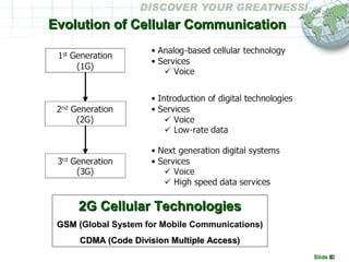 Slide #12
Evolution of Cellular CommunicationEvolution of Cellular Communication
2G Cellular Technologies2G Cellular Technologies
GSM (GSM (Global System for Mobile Communications)
CDMA (Code Division Multiple Access)CDMA (Code Division Multiple Access)
 