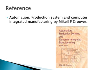  Automation, Production system and computer
integrated manufacturing by Mikell P Groover.
 