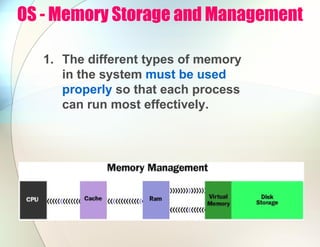 OS - Memory Storage and Management
1. The different types of memory
in the system must be used
properly so that each process
can run most effectively.
 