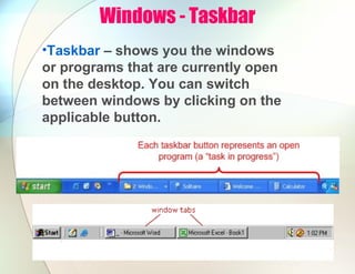 Windows - Taskbar
•Taskbar – shows you the windows
or programs that are currently open
on the desktop. You can switch
between windows by clicking on the
applicable button.
 