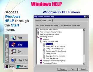 Windows HELP
Windows 95 HELP menu•Access
Windows
HELP through
the Start
menu.
 