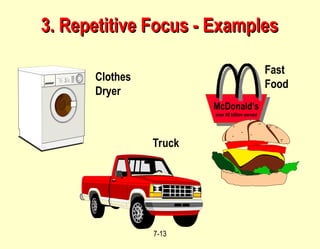 7-13
3. Repetitive Focus - Examples
3. Repetitive Focus - Examples
Truck
Clothes
Dryer
Fast
Food
McDonald’s
over 95 billion served
 