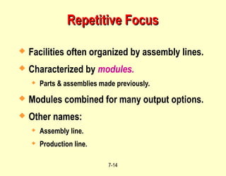 7-14
Repetitive Focus
Repetitive Focus
 Facilities often organized by assembly lines.
 Characterized by modules.
 Parts & assemblies made previously.
 Modules combined for many output options.
 Other names:
 Assembly line.
 Production line.
 
