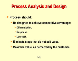 7-21
Process Analysis and Design
Process Analysis and Design
 Process should:
 Be designed to achieve competitive advantage:
 Differentiation.
 Response.
 Low cost.
 Eliminate steps that do not add value.
 Maximize value, as perceived by the customer.
 