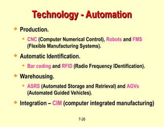 7-26
Technology - Automation
Technology - Automation
 Production.
 CNC (Computer Numerical Control), Robots and FMS
(Flexible Manufacturing Systems).
 Automatic Identification.
 Bar coding and RFID (Radio Frequency IDentification).
 Warehousing.
 ASRS (Automated Storage and Retrieval) and AGVs
(Automated Guided Vehicles).
 Integration – CIM (computer integrated manufacturing)
 