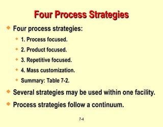 7-4
Four Process Strategies
Four Process Strategies
 Four process strategies:
 1. Process focused.
 2. Product focused.
 3. Repetitive focused.
 4. Mass customization.
 Summary: Table 7-2.
 Several strategies may be used within one facility.
 Process strategies follow a continuum.
 