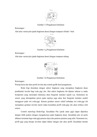 Gambar 1.f Pengukuran kebulatan 
Keterangan : 
Alat ukur variasi pits (pada lingkaran dasar) dengan tumpuan silinder / bola 
Gambar 1.g Pengukuran kebulatan 
Keterangan : 
Alat ukur variasi pits (pada lingkaran dasar) dengan tumpuan rahang 
Gambar 1.h Pengukuran Kebulatan 
Keterangan : 
Prinsip keria alat ukur profil involut dan contoh grafik hasil pengukuran. 
Roda Gigi disatukan dengan sektor lingkaran yang merupakan lingkaran dasar 
pembentuk involut bagi roda gigi ybs. Jika sektor lingkaran tsb diputar sebesar ψ maka 
komponen yang menempel diatasnya akan bergerak translasi sejauh rbψ. Sementara itu 
sensor yang ditempatkan persis pada tepinya juga akan ikut bergerak translasi sambil 
menggeser pada sisi roda-gigi. Karena gerakan sensor relatif terhadap sisi roda-gigi tsb 
merupakan gerakan involut murni maka kesalahan profil roda-gigi ybs akan terbaca oleh 
sensor. 
Contoh metrologi Roda-Gigi. Kesalahan Pits (jarak antar gigi) dapat diperiksa 
dengan lebih praktis dengan rnengukurnya pada lingkaran dasar. Kesalahan pits ini perlu 
dibatasi terutama bagi roda-gigi penerus daya dan penerus putaran yang teliti. Sementara itu, 
profil gigi yang berupa involute dapat diukur dengan alat ukur profil. Kesalahan bentuk 
 