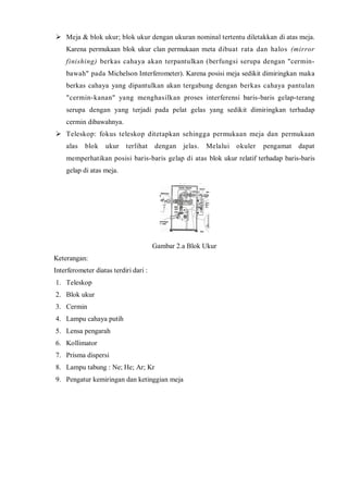  Meja & blok ukur; blok ukur dengan ukuran nominal tertentu diletakkan di atas meja. Karena permukaan blok ukur clan permukaan meta dibuat rata dan halos (mirror finishing) berkas cahaya akan terpantulkan (berfungsi serupa dengan "cermin- bawah" pada Michelson Interferometer). Karena posisi meja sedikit dimiringkan maka berkas cahaya yang dipantulkan akan tergabung dengan berkas cahaya pantulan "cermin-kanan" yang menghasilkan proses interferensi baris-baris gelap-terang serupa dengan yang terjadi pada pelat gelas yang sedikit dimiringkan terhadap cermin dibawahnya. 
 Teleskop: fokus teleskop ditetapkan sehingga permukaan meja dan permukaan alas blok ukur terlihat dengan jelas. Melalui okuler pengamat dapat memperhatikan posisi baris-baris gelap di atas blok ukur relatif terhadap baris-baris gelap di atas meja. 
Gambar 2.a Blok Ukur 
Keterangan: 
Interferometer diatas terdiri dari : 
1. Teleskop 
2. Blok ukur 
3. Cermin 
4. Lampu cahaya putih 
5. Lensa pengarah 
6. Kollimator 
7. Prisma dispersi 
8. Lampu tabung : Ne; He; Ar; Kr 
9. Pengatur kemiringan dan ketinggian meja 
 