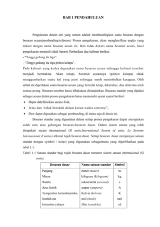 BAB 1 PENDAHULUAN 
Pengukuran dalam arti yang umum adalah membandingkan suatu besaran dengan besaran acuan/pembanding/referensi. Proses pengukuran, akan menghasilkan angka yang diikuti dengan nama besaran acuan ini. Bila tidak diikuti nama besaran acuan, hasil pengukuran menjadi tidak berarti. Perhatikan dua kalimat berikut. 
- “Tinggi gedung itu tiga”. 
- “Tinggi gedung itu tiga pohon kelapa”. 
Pada kalimat yang kedua digunakan nama besaran acuan sehingga kalimat tersebut menjadi bermakna. Akan tetapi, besaran acuannya (pohon kelapa) tidak menggambarkan suatu hal yang pasti sehingga masih menimbulkan keraguan. Oleh sebab itu diperlukan suatu besaran acuan yang bersifat tetap, diketahui, dan diterima oleh semua prang. Besaran tersebut harus dibakukan distandarkan. Besaran standar yang dipakai sebagai acuan dalam proses pengukuran harus memenuhi syarat syarat berikut: Dapat didefinisikan secara fisik, Jelas dan „tidak berubah dalam kurun waktu tertentu”, Dan dapat digunakan sebagai pembanding, di mana saja di dunia ini. 
Besaran standar yang digunakan dalam setiap proses pengukuran dapat merupakan salah satu atau gabungan besaran-besaran dasar. Dalam sistem satuan yang telah disepakati secara internasional (Sl units,International System of units, Le Systeme Internasional d’unites) dikenal tujuh besaran dasar. Setiap besaran dasar mempunyai satuan standar dengan symbol / notasi yang digunakan sebagaimana yang diperlihatkan pada tabel 1.1. 
Tabel 1.1 Satuan standar bagi tujuh besaran dasar menurut sistem satuan internasional (SI units). 
Besaran dasar 
Nama satuan standar 
Simbol 
Panjang 
Massa 
Waktu 
Arus listrik 
Temperatur termodinamika 
Jumlah zat 
Intensitas cahaya 
meter (meter) 
kilogram (kilogram) 
sekon/detik (second) 
amper (ampere) 
Kelvin (kelvin) 
mol (mole) 
Jilin (candela) 
m 
kg 
s 
A 
K 
mol 
cd  