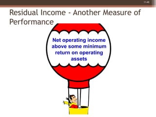 11-46
Residual Income - Another Measure of
Performance
Net operating income
above some minimum
return on operating
assets
 