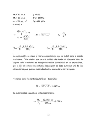 112
M1 = 9.7 kN.m µ = 0.25
M2 = 8.3 kN.m F’c = 21 MPa
qa = 150 kN / m2
Fy = 420 MPa
b = 0.45 m
( )
0
224
36EI
cBk
hc
Mr
2
2bBP
T
λ
++
−
−
=
2
2
2
1 MMMr += T
2
2
T0
=
T
6EI
c2Bk
B
P
q
22
2max
◊
+= T
6EI
c2Bk
B
P
q
22
2min
◊
−=
A continuación, se sigue el mismo procedimiento que se indicó para la zapata
medianera. Cabe anotar que para el análisis planteado por Calavera tanto la
zapata como la columna se trabajan cuadradas por facilidad en las expresiones,
por lo que sí se tiene una columna rectangular, se debe aumentar una de sus
dimensiones para que sea cuadrada al entrar a conectarse con la zapata.
Tomando como momento resultante en l diagonal a:
m.kN12.89.78.3M 22
r =+=
La excentricidad equivalente en la diagonal será:
m
kN
mkN
P
M
e
S
R
014.0
933
8.12
=
⋅
==
 