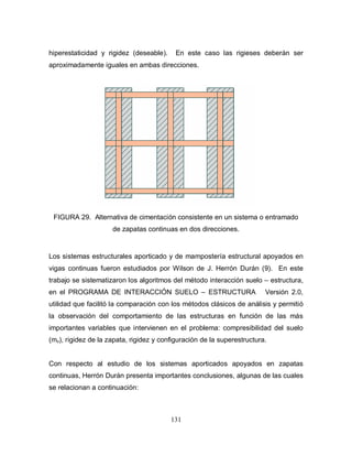 131
hiperestaticidad y rigidez (deseable). En este caso las rigieses deberán ser
aproximadamente iguales en ambas direcciones.
FIGURA 29. Alternativa de cimentación consistente en un sistema o entramado
de zapatas continuas en dos direcciones.
Los sistemas estructurales aporticado y de mampostería estructural apoyados en
vigas continuas fueron estudiados por Wilson de J. Herrón Durán (9). En este
trabajo se sistematizaron los algoritmos del método interacción suelo – estructura,
en el PROGRAMA DE INTERACCIÓN SUELO – ESTRUCTURA Versión 2.0,
utilidad que facilitó la comparación con los métodos clásicos de análisis y permitió
la observación del comportamiento de las estructuras en función de las más
importantes variables que intervienen en el problema: compresibilidad del suelo
(mv), rigidez de la zapata, rigidez y configuración de la superestructura.
Con respecto al estudio de los sistemas aporticados apoyados en zapatas
continuas, Herrón Durán presenta importantes conclusiones, algunas de las cuales
se relacionan a continuación:
 