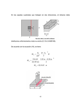 43
En las zapatas cuadradas que trabajan en dos direcciones, el refuerzo debe
distribuirse uniformemente a todo su ancho (C.15.4.3-NSR 98).
De acuerdo con la ecuación (16), se tiene:
B
bB
B
P
M u
u
2
1
2 22





 −
=
2
2
30.085.1
)85.1(2
516





 −
=
mm
m
kN
M u
mkNM u ⋅= 8.83
 