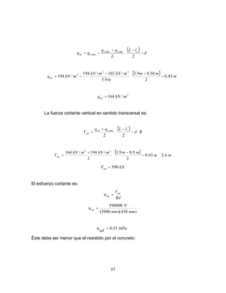 57
( )






−
−−
−= d
lL
L
qq
qq cuu
uud
2
minmax
max
( )






−
−−
−= m
mm
m
mkNmkN
mkNqud 43.0
2
50.09.3
9.3
/102/194
/194
22
2
2
/164 mkNqud =
La fuerza cortante vertical en sentido transversal es:
( ) Bd
lLqq
V cuud
ud 





−
−+
=
22
max
( ) mm
mmmkNmkN
Vud 6.243.0
2
5.09.3
2
/194/164 22
⋅





−
−+
=
kNVud 590=
El esfuerzo cortante es:
Bd
Vud
ud =υ
)430)(3900(
590000
mmmm
N
ud =υ
MPaud 53.0=υ
Éste debe ser menor que el resistido por el concreto:
 
