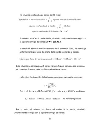 62
El refuerzo en el ancho de banda de 2.6 m es:
cortadirecciónlaentotalrefuerzobandaladeanchoelenrefuerzo ⋅
+
=
1
2
β
2
2.30
)15.1(
2
cmbandaladeanchoelenrefuerzo ⋅
+
=
2
15.24 cmbandaladeanchoelenrefuerzo =
El refuerzo en el ancho de la banda, distribuido uniformemente se logra con
el siguiente arreglo de barras: 20 N°4 @ 0.13 m
El resto del refuerzo que se requiere en la dirección corta, se distribuye
uniformemente por fuera del ancho de la banda central de la zapata.
222
04.615.242.30 cmcmcmbandaladeanchodelfueraporrefuerzo =−=
Este refuerzo se consigue con 5 barras número 4, pero para que sea simètrico
se colocaran 3 a cada lado por fuera del ancho de banda.
La longitud de desarrollo de las barras corrugadas expresada en mm es:
b
c
y
d d
f
f
l
′
=
25
12 αβ
Con α =1, β =1 y b
d =12.7 mm (N°4), MPafc 21=′ y MPafy
420= se obtiene:
mmld 560= < mmmmmm 1030701100 =− No Requiere gancho
Por lo tanto, el refuerzo por fuera del ancho de la banda, distribuido
uniformemente se logra con el siguiente arreglo de barras:
 