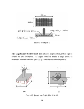 64
Despiece de la zapata 6.
3.2.3 Zapatas con flexión biaxial. Esta situación se presenta cuando la viga de
amarre no toma momentos. La zapata entonces trabaja a carga axial y a
momentos flectores sobre los ejes “x” y “y”, como se indica en la Figura 15.
(a) (b)
Figura 15. Zapata con Pu ≠ 0, Mx ≠ 0, My ≠ 0
 
