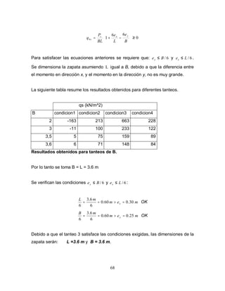 68
0
66
14 ≥





−+=
B
e
L
e
BL
P
q
yxs
s
Para satisfacer las ecuaciones anteriores se requiere que: 6/Bey ≤ y 6/Lex ≤ .
Se dimensiona la zapata asumiendo L igual a B, debido a que la diferencia entre
el momento en dirección x, y el momento en la dirección y, no es muy grande.
La siguiente tabla resume los resultados obtenidos para diferentes tanteos.
qs (kN/m^2)
B condicion1 condicion2 condicion3 condicion4
2 -163 213 663 228
3 -11 100 233 122
3,5 5 75 159 89
3,6 6 71 148 84
Resultados obtenidos para tanteos de B.
Por lo tanto se toma B = L = 3.6 m
Se verifican las condiciones 6/Bey ≤ y 6/Lex ≤ :
mem
mL
x 30.060.0
6
6.3
6
=>== OK
mem
mB
y 25.060.0
6
6.3
6
=>== OK
Debido a que el tanteo 3 satisface las condiciones exigidas, las dimensiones de la
zapata serán: L =3.6 m y B = 3.6 m.
 