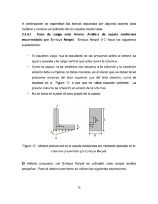 78
A continuación se expondrán las teorías expuestas por algunos autores para
modelar y resolver el problema de las zapatas medianeras.
3.2.4.1 Caso de carga axial liviana: Análisis de zapata medianera
recomendado por Enrique Kerpel. Enrique Kerpel (10) hace las siguientes
suposiciones:
• El equilibrio exige que la resultante de las presiones sobre el terreno se
igual y opuesta a la carga vertical que actúa sobre la columna.
• Como la zapata no es simétrica con respecto a la columna y la condición
anterior debe cumplirse de todas maneras, es evidente que se deben tener
presiones mayores del lado izquierdo que del lado derecho, como se
muestra en la Figura 17, o sea que no habrá reacción uniforme. La
presión máxima se obtendrá en el lado de la columna.
• No se toma en cuenta el peso propio de la zapata.
Figura 17. Modelo estructural de la zapata medianera sin momento aplicado en la
columna presentado por Enrique Kerpel.
El método propuesto por Enrique Kerpel es aplicable para cargas axiales
pequeñas. Para el dimensionamiento se utilizan las siguientes expresiones:
 