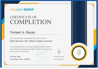 Ysmael A. Reyes
Data Science 101: What is Data science?
14th Apr 2024
Certificate code : 5046271
 