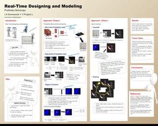 Pratheba Selvaraju
( 4 Homework + 1 Project )
(University of Washington)
Real-Time Designing and Modeling
Conclusions
Idea:
Introduction
Real Time Designing and Modelling:
Everyday engagement in
Conversation over video chat
? It will be useful to present
a design idea on the spot without
Use of any special software.
? Fun to play games where you
Model your own character.
? Show the person in other end
of video conference a new
Idea for a car design.
Approach- Phase I
Probability Mask and Bounding Box:
? Skin-Color-Probability mask
?
?
?
~ 20 frames
? Optical-flow-Probability mask
?
? Region of Interest
Centroid and BoundingBox
Results :
?Due to high number of processing,
frame rate is low, which results in
not a very smooth drawing.
?Very high speed movements
could not be tracked.
? To design withoutadditional software
? No additional hardware
? Must work with lowresolution camera
? Must be real-time withlittle to no-preprocessing
? Use of Hand / FingerTip to draw
and design.
? Use of motion to detect which object
To track for drawing
? Get the drawing to create 3D model
? Augment it to the video
Requirement
System Overview
Use case
Meeting Presentation
Gaming Application
? Face is detected from each frame
? ROI of face region is averaged
? HSV range of skin color is obtained, (bin
size = range)
? Hue Range is Obtained from HSV
.
.
.
Averaged face
HSV range
Haar Cascade classifier
Viola-Jones
(Frontal face)
Hue Mask
References
?Araki, R. ; Waseda Univ., Tokyo, Japan ;
Gohshi, S. ; Ikenaga, T. Real-time both hands
tracking using CAMshift with motion mask and
probability reduction by motion prediction,
Signal & Information Processing Association
Annual Summit and Conference (APSIPA ASC),
2012 Asia-Pacific
?Dorin Comaniciu,, Mean Shift : A Robust
approach towards feature space, IEEE
transactions on Pattern Analysis and Machine
intelligence
?Jean-yves Bouguet, Pyramidal implementation
of the Lucas Kanade feature tracker, Intel
Corporation, Microprocessor Research Labs,
2000.
Previous
Frame
Current
Frame
Grid
Features
Where is Probability mask
and is the x and y flow
vector
Pyramidal Lucas Kanade
Dense Optical
Flow
FlowmaskDense Optical
Flow
Normalize to range
between 0 C 255
= threshold = 255
= threshold = 0
? Optical flow image is smoothed, filtered and dilated
(~ 3 iteration) to remove noise.
? Extract image from FlowMask with range 200-255
? Normalize the extracted image to 0-255
? Obtain Contours and convex hull
Three coin algorithm
? Ability to draw in real-time with
Only webcam (low resolution).
? Can be used to track any moving
With better accuracy than traditional
Camshift.
ContourImage Convex Hull
FlowmaskHue Mask
? Regular camshift uses only the color
probability, which might result in incorrect
tracking due to noise or object with same
color range
? With addition of flow mask, it correctly
identifies the object to be tracked.
? Depending upon speed of object,
threshold level is adjusted.
Bounding box andcentroid used for initial
setting initial region ofinterest for tracking
where, 0    1 and 0    1
? When object start moving, camshaft tracks the
object
? Previous and current tracking box positions are
obtained.
? Line is drawn between center of previous and
current box position
Future Tasks:
?Improve performance processing.
?Convert 2D drawing into 3D model
real-time
(either via classification of shapes
or by rendering exact 3D shape of
2D drawing)
?Augment the 3D model in video in
real-time
?Send it via network to be viewed
by other person in chat
 