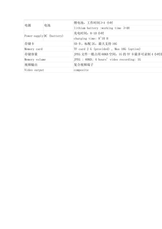 电源 电池 锂电池，工作时间≥4 小时 lithium battery :working time ≥4H Power supply DC (battery) 充电时间：8-10小时 charging time: 8~10 H 存储卡 SD卡，标配2G，最大支持16G Memory card TF card 2 G (provided) , Max 16G (option) 存储容量 JPEG文件一般占用60KB空间；1G的TF卡最多可录制4小时的Memory volume JPEG : 60KB; 4 hours' video recording: 1G 视频输出 复合视频端子 Video output composite 
