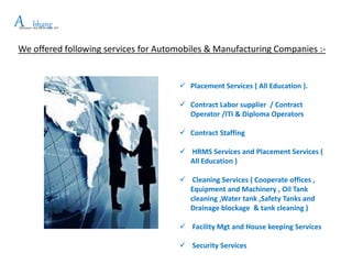  Placement Services ( All Education ).
 Contract Labor supplier / Contract
Operator /ITI & Diploma Operators
 Contract Staffing
 HRMS Services and Placement Services (
All Education )
 Cleaning Services ( Cooperate offices ,
Equipment and Machinery , Oil Tank
cleaning ,Water tank ,Safety Tanks and
Drainage blockage & tank cleaning )
 Facility Mgt and House keeping Services
 Security Services
We offered following services for Automobiles & Manufacturing Companies :-
APlacement and HR Services LLP
bhang
 