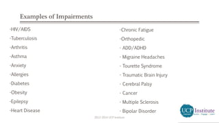 Examples of Impairments
2013-2014 UCP Institute
-HIV/AIDS
-Tuberculosis
-Arthritis
-Asthma
-Anxiety
-Allergies
-Diabetes
-Obesity
-Epilepsy
-Heart Disease
-Chronic Fatigue
-Orthopedic
- ADD/ADHD
- Migraine Headaches
- Tourette Syndrome
- Traumatic Brain Injury
- Cerebral Palsy
- Cancer
- Multiple Sclerosis
- Bipolar Disorder
 