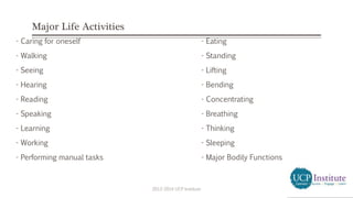 Major Life Activities
2013-2014 UCP Institute
- Caring for oneself - Eating
- Walking - Standing
- Seeing - Lifting
- Hearing - Bending
- Reading - Concentrating
- Speaking - Breathing
- Learning - Thinking
- Working - Sleeping
- Performing manual tasks - Major Bodily Functions
 