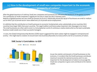 2.7 How is the development of small new companies important to the economic
                                 prosperity of nations?

After the global downturn of 2008-09, Small new companies and businesses are refered to the backbone of the global economy.
The contribution of Small companies is significant not only in static but also in dynamic term.
Majority of global business are very small (di Giovanni et al.2012). Statistically around 85%-99.9% of businesses are small or medium
out of which 50% of private sector value added and 77% of private sector employment.

It is definite that the contribution on Small businesses to economic fundamentals varies substantially across countries; Rich
countries have larger SMEs than poor countries. The Legal tradition and history plays important role. (Ayyaagari et al 2003)
The small businesses are often said to exist in a Schumpeterian world of continuous creative destruction as the least sustainable
business model weeds out or least successful managers.

In 2002, the Global Entrepreneurship Monitor (GEM) report suggested that 460m adults might be engaged in entrepreneurial
activity – this might lead to creation of around 100m new business (Reynolds et al 2002) which a lot for an economy of nation.




                                                                       As per the statistic and dynamic of Small businesses on the
                                                                       economy. It is evident that the Small businesses contributes
                                                                       maximum towards the national economy and It is very
                                                                       important for the development of nation to encourage the
                                                                       Small new companies to grow and contribute to the nations
                                                                       wealth.
 