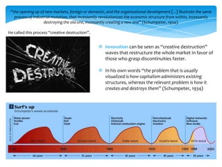 “the opening up of new markets, foreign or domestic, and the organizational development [...] illustrate the same
   process of industrial mutation, that incessantly revolutionizes the economic structure from within, incessantly
                    destroying the old one, incessantly creating a new one” (Schumpeter, 1934).

He called this process “creative destruction”.


                                                   Innovation can be seen as “creative destruction”
                                                    waves that restructure the whole market in favor of
                                                    those who grasp discontinuities faster.

                                                   In his own words “the problem that is usually
                                                    visualized is how capitalism administers existing
                                                    structures, whereas the relevant problem is how it
                                                    creates and destroys them” (Schumpeter, 1934)
 
