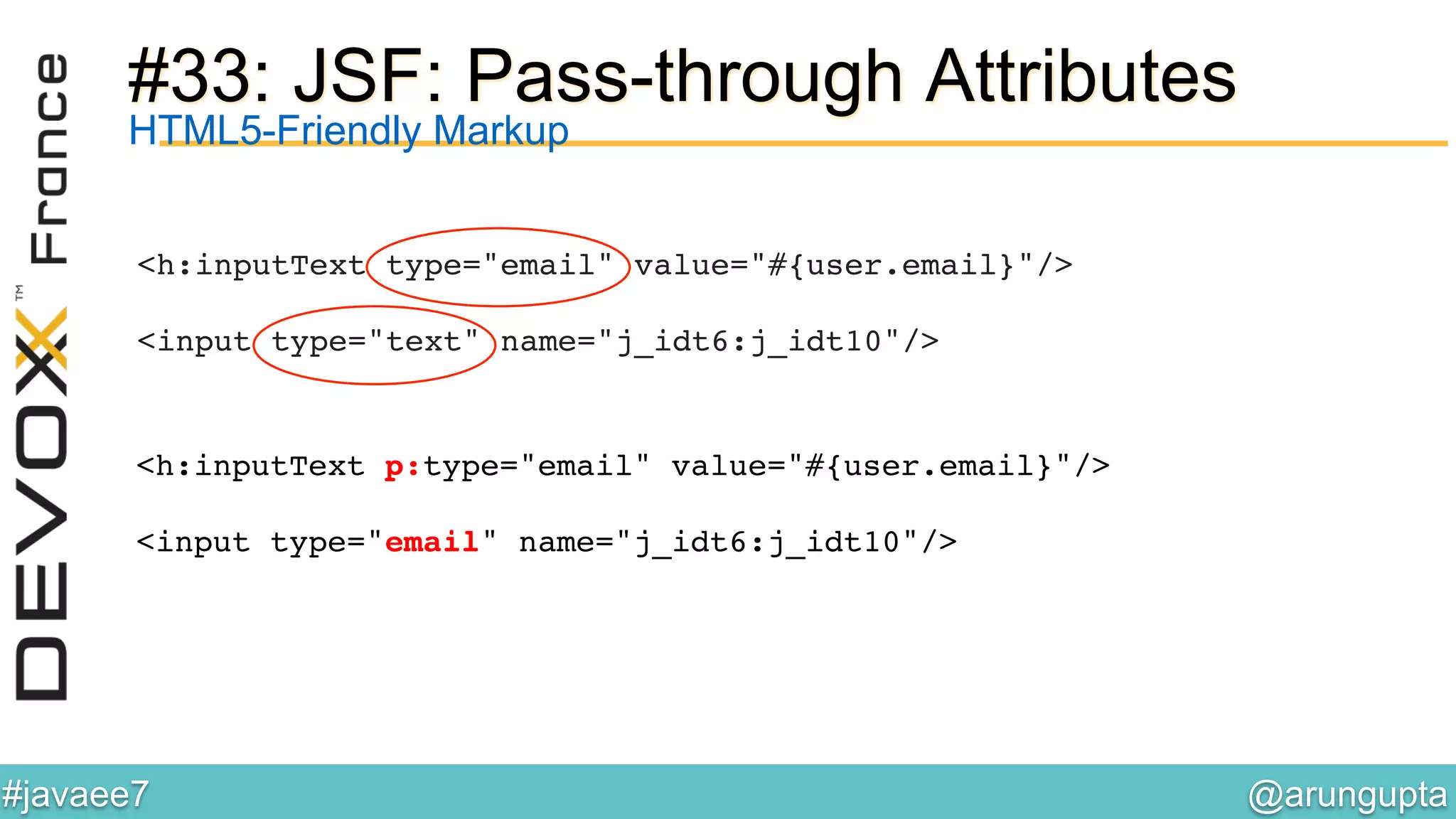@arungupta	

#javaee7	

#33: JSF: Pass-through Attributes
<h:inputText type="email" value="#{user.email}"/>  
!
<input type="text" name="j_idt6:j_idt10"/>!
HTML5-Friendly Markup
<h:inputText p:type="email" value="#{user.email}"/>  
 
<input type="email" name="j_idt6:j_idt10"/>!
!
 