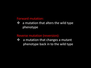 Forward mutation:
 a mutation that alters the wild type
phenotype
Reverse mutation (reversion):
 a mutation that changes a mutant
phenotype back in to the wild type
 