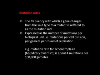 Mutation rates
 The frequency with which a gene changes
from the wild type to a mutant is reffered to
as the mutation rate.
 Expressed as the number of mutations per
biological unit i.e. mutations per cell division,
per gamete per round of replication
e.g. mutation rate for achondroplasia
(hereditary dwarfism) is about 4 mutations per
100,000 gametes
 
