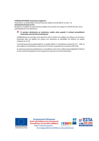 70
3
η
ΟΜΑΔΑ ΚΡΙΤΗΡΙΩΝ: Σκοπιμότητα πράξης (Γ)
Προκειμένου να αξιολογηθεί η σκοπιμότητα μιας πράξης αυτή εξετάζεται ως προς την
αποτελεσματικότητά της (Γ1):
Εξετάζεται η συμβολή της προτεινόμενης πράξης στην επίτευξη των στόχων σε επίπεδο δεικτών, όπως
προσδιορίζονται στην Πρόσκληση.
Το κριτήριο αξιολογείται με κατάσταση: υψηλή, μέση, χαμηλή. Η επιλογή οποιασδήποτε
κατάστασης αποτελεί θετική αξιολόγηση
Η βαθμολόγηση στο κριτήριο αυτό προκύπτει από το πηλίκο του αριθμού των ατόμων που αιτείται ο
δικαιούχος προς τον αριθμό των ατόμων που δικαιούται να προσλάβει στα πλαίσια της πράξης
σύμφωνα με την ΥΑ.
Η αποτελεσματικότητα χαρακτηρίζεται ως υψηλή εφόσον το αποτέλεσμα κυμαίνεται 0,71 - 1,00, ως
μέση εφόσον το αποτέλεσμα κυμαίνεται 0,31-0,70 και ως χαμηλή όταν κυμαίνεται 0,01-0,30.
Σε περίπτωση αρνητικής αξιολόγησης σε οποιοδήποτε από τα δυο στάδια (προαναφερθέντα Στάδια Α
και Β) η πρόταση απορρίπτεται και ενημερώνεται σχετικά ο δυνητικός δικαιούχος.
ΑΔΑ: 60ΔΕ4691Ω2-5ΗΑ
 