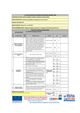 73
Α/Α Περιγραφή κριτηρίου
Πεδίο
Τ∆Π
Εξειδίκευση κριτηρίου Κατάσταση Αιτιολόγηση
Εκπλήρωση του κριτηρίου ΝΑΙ □
Σε αντίθετη περίπτωση ΟΧΙ □
Εκπλήρωση του κριτηρίου ΝΑΙ □
Σε αντίθετη περίπτωση ΟΧΙ □
Εξετάζεται εάν η επιχείρηση τηρεί τις προϋποθέσεις υπαγωγής έτσι
όπως αυτές περιγράφονταιι στην ΥΑ και στη ∆ηµόσια Πρόσκληση.
Τα κριτήρια επιλεξιµότητας για την επιχείρηση είναι:
Α.3.1) Ο αριθµός του υφιστάµενου απασχολούµενου προσωπικού
ΝΑΙ □ ΟΧΙ □
Α.3.2) Η µεταβολή του προσωπικού (αύξηση ή µείωση). Συνδυαστικά
µπορεί να εξετάζεται η µεταβολή του προσωπικού σε µία
συγκεκριµένη χρονική περίοδο.
ΝΑΙ □ ΟΧΙ □
Α.3.3) Ο αριθµός των αιτούµενων θέσεων
ΝΑΙ □ ΟΧΙ □
Α.3.4) Το αντικείµενο ή/και ο κλάδος δραστηριότητας της επιχείρησης
ΝΑΙ □ ΟΧΙ □
Α.3.5) Η γεωγραφική τοποθεσία του τόπου εγκατάστασης της
επιχείρησης ή του τυχόν υποκαταστηµατος της όπου θα απασχοληθει
ο ωφελουµενος άνεργος
ΝΑΙ □ ΟΧΙ □
Α.3.6) Το ύψος των κρατικών ενισχύσεων που έχει λάβει η ενιαία
επιχείρηση σύµφωνα µε το de-minimis, το οποίο δεν πρέπει να
ξεπερνά το ανώτατο όριο των 200.000 € σε οποιαδήποτε περίοδο
τριών οικονοµικών ετών, σύµφωνα µε τον Κανονισµό 1407/2013 της
Επιτροπής.
ΝΑΙ □ ΟΧΙ □
Α.3.7) "Το γεγονός ότι δεν εκκρεµµεί ανάκτηση κρατικών
ενισχύσεων κατόπιν απόφασης της Ε.Ε. ή του Ευρωπαϊκού
∆ικαστηρίου"
ΝΑΙ □ ΟΧΙ □
Α.3.8) Καλύπτονται οι προϋποθέσεις επιλεξιµότητας της δράσης και
των δαπάνων σύµφωνα µε τα οριζόµενα στο καθεστώς κρατικών
ενισχύσεων που ορίζεται κάθε φορά
ΝΑΙ □ ΟΧΙ □
Εκπλήρωση του κριτηρίου ΝΑΙ □
Σε αντίθετη περίπτωση ΟΧΙ □
ΝΑΙ
ΌΧΙ
ΕΚΠΛΗΡΩΣΗ ΚΡΙΤΗΡΙΩΝ
ΟΜΑ∆ΑΣ Α
Πληρότητα υποβαλλόµενης
πρότασης
Α2 Χρήση τυποποιηµένης ηλεκτρονικής αίτησης
Τήρηση βασικών
προϋποθέσεων*
Επλεξιµότητα περιόδου
υλοποίησης προγράµµατος
Α4
Εξετάζεται αν η περίοδος της προτεινόµενης προς συγχρηµατοδότηση
πράξης εµπίπτει εντός της περιόδου επιλεξιµότητας του προγράµµατος
και του χρονικού διαστήµατος ισχύος του καθεστώτος κρατικών
ενισχύσεων που έχει επιλεγεί κάθε φορά για την πράξη
ΠΡΟΫΠΟΘΕΣΗ ΘΕΤΙΚΗΣ ΑΞΙΟΛΟΓΗΣΗΣ
Η πράξη θα πρέπει να λαµβάνει την τιµή ΝΑΙ σε όλα τα κριτήρια.
Λ_2: ΦΥΛΛΟ ΑΞΙΟΛΟΓΗΣΗΣ ΠΡΑΞΕΩΝ ΚΡΑΤΙΚΩΝ ΕΝΙΣΧΥΣΕΩΝ ΝΘΕ -ΟΑΕ∆
ΕΠΙΧΕΙΡΗΣΙΑΚΟ ΠΡΟΓΡΑΜΜΑ: ΑΝΑΠΤΥΞΗ ΑΝΘΡΩΠΙΝΟΥ ∆ΥΝΑΜΙΚΟΥ, ΕΚΠΑΙ∆ΕΥΣΗ ΚΑΙ∆ΙΑ ΒΙΟΥ ΜΑΘΗΣΗ
ΑΞΟΝΑΣ ΠΡΟΤΕΡΑΙΟΤΗΤΑΣ:3 «∆ιευκόλυνση της πρόσβασης στην απασχόληση των νέων έως 29 ετών»
ΕΠΕΝ∆ΥΤΙΚΗ ΠΡΟΤΕΡΑΙΟΤΗΤΑ:8ii
Τιµή
ΚΩ∆ΙΚΟΣ ΠΡΟΣΚΛΗΣΗΣ: ΟΑΕ∆_0(2)-Α.Α: 2117 ΟΠΣ-ΕΣΠΑ
ΤΙΤΛΟΣ ΠΡΟΤΕΙΝΟΜΕΝΗΣ ΠΡΑΞΗΣ: «Πρόγραµµα επιχορήγησης επιχειρήσεων για την απασχόληση 1.100 ανέργων ηλικίας 25-29 ετών»
Σαφήνεια και πληρότητα του
φυσικού αντικειµένου της
προτεινόµενης πράξης
Α3
Εκπλήρωση του κριτηρίου
Α3 µόνο όταν όλα τα
Υποκριτήρια είναι ΝΑΙ.
ΑΞΙΟΛΟΓΗΣΗ ΣΕ ΕΠΙΠΕ∆Ο ΚΑΤΗΓΟΡΙΑΣ ΚΡΙΤΗΡΙΩΝ
ΚΑΤΗΓΟΡΙΑ ΚΡΙΤΗΡΙΩΝ
Α. ΠΛΗΡΟΤΗΤΑ ΚΑΙΣΑΦΗΝΕΙΑ ΤΗΣ ΠΡΑΞΗΣ
Εξετάζεται η σαφήνεια και πληρότητα του φυσικού αντικειµένου της
προτεινόµενης πράξης, όσον αφορά:α) στη σαφή περιγραφή του
φυσικού αντικειµένου µε αναφορά στα βασικά χαρακτηριστικά της
πράξης (π.χ. στόχος της πράξης, οµάδα - στόχος / ωφελούµενοι,
δράσεις / υποδράσεις), β) στη µεθοδολογία υλοποίησης, η οποία θα
αναφέρει όλες τις αναγκαίες εργασίες/προµήθειες/υπηρεσίες για την
υλοποίηση του φυσικού αντικειµένου (επιλογή µεθοδολογίας και
ανάλυση της υλοποίησης της πράξης ή των επιµέρους υποέργων
αυτής, απαιτούµενες ενέργειες, χρονική αλληλουχία ενεργειών), γ)
στην αποτύπωση των παραδοτέων της πράξης, δ) στα µέτρα
δηµοσιότητας/ επικοινωνίας της προτεινόµενης πράξης
(καταλληλότητα δράσεων επικοινωνίας, ανάλογης έκτασης µε την
προτεινόµενη πράξη).
Α1
ΑΔΑ: 60ΔΕ4691Ω2-5ΗΑ
 