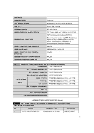 8
ΕΠΙΧΕΙΡΗΣΗΣ
2.1.6 ΕΙΔΟΣ ΦΟΡΕΑ ΙΔΙΩΤΙΚΟΣ
2.1.7. ΝΟΜΙΚΗ ΜΟΡΦΗ ΑΤΟΜΙΚΗ/ΟΕ/ΕΕ/ΙΚΕ/ΕΠΕ/ΑΕ/ΚΟΙΝΣΕΠ
2.1.8. Δ.Ο.Υ. ΕΠΙΛΟΓΗ ΑΠΟ ΛΙΣΤΑ
2.1.9 ΕΙΔΟΣ ΒΙΒΛΙΩΝ Β/Γ ΚΑΤΗΓΟΡΙΑΣ
2.1.10 ΑΝΤΙΚΕΙΜΕΝΟ ΔΡΑΣΤΗΡΙΟΤΗΤΑΣ ΠΕΡΙΓΡΑΦΗ ΒΑΣΕΙ ΔΟΥ Ή ΑΔΕΙΑΣ ΛΕΙΤΟΥΡΓΙΑΣ
2.1.11 ΜΕΓΕΘΟΣ ΕΠΙΧΕΙΡΗΣΗΣ
ΠΟΛΥ ΜΙΚΡΗ/ΜΙΚΡΗ/ΜΕΣΑΙΑ/ΜΕΓΑΛΗ
Σύμφωνα με τον ορισμό της ΜΜΕ (Παράρτημα
IV) και την δήλωση ΜΜΕ η οποία αποτελεί
τυπικό δικαιολογητικό (Παράρτημα V)
συμπληρώνεται το αντίστοιχο πεδίο
2.1.12. Η ΕΠΙΧΕΙΡΗΣΗ ΕΙΝΑΙ FRANCHISE ΝΑΙ/ΟΧΙ
2.1.13. BRAND NAME ΕΦΟΣΟΝ ΕΙΝΑΙ FRANCHISE
2.1.14. Η ΕΠΙΧΕΙΡΗΣΗ ΕΙΝΑΙ ΕΞΩΧΩΡΙΑ
(OFFSHORE)
ΝΑΙ/ΟΧΙ
2.1.15 ΕΙΣΗΓΜΕΝΗ ΣΤΟ ΧΡΗΜΑΤΙΣΤΗΡΙΟ ΝΑΙ/ΟΧΙ
2.1.16 Η ΕΠΙΧΕΙΡΗΣΗ ΕΙΝΑΙ SPIN-OFF NAI/OXI
2.2 ΔΙΕΥΘΥΝΣΗ ΕΔΡΑΣ (ΣΥΜΦΩΝΑ ΜΕ ΤΗΝ NUTS Level II Κωδικοποίηση)
2.2.1. ΠΕΡΙΦΕΡΕΙΑ ΕΠΙΛΟΓΗ ΑΠΟ ΛΙΣΤΑ
2.2.2. ΠΕΡΙΦΕΡΕΙΑΚΗ ΕΝΟΤΗΤΑ ΕΠΙΛΟΓΗ ΑΠΟ ΛΙΣΤΑ
2.2.3. ΔΗΜΟΣ – ΚΟΙΝΟΤΗΤΑ ΕΠΙΛΟΓΗ ΑΠΟ ΛΙΣΤΑ
2.2.4. ΔΗΜΟΤΙΚΟ ΔΙΑΜΕΡΙΣΜΑ ΕΠΙΛΟΓΗ ΑΠΟ ΛΙΣΤΑ
ΟΔΟΣ – ΑΡΙΘΜΟΣ ΑΠΟ ΟΠΣ-ΟΑΕΔ (ΜΕΛΛΟΝΤΙΚΑ ΑΠΟ ΓΓΠΣ)
ΤΟΠΟΘΕΣΙΑ ΑΠΟ ΟΠΣ-ΟΑΕΔ (ΜΕΛΛΟΝΤΙΚΑ ΑΠΟ ΓΓΠΣ)
2.2.5. ΔΙΕΥΘΥΝΣΗ
ΕΔΡΑΣ
ΤΑΧ. ΚΩΔΙΚΟΣ ΑΠΟ ΟΠΣ-ΟΑΕΔ (ΜΕΛΛΟΝΤΙΚΑ ΑΠΟ ΓΓΠΣ)
2.2.6. ΤΗΛΕΦΩΝΟ ΕΠΙΚΟΙΝΩΝΙΑΣ
2.2.7. FAX
2.2.8. Ιστοχώρος (Website)
2.2.9. Ηλεκτρονική Διεύθυνση (e-mail)
3. ΚΩΔΙΚΟΙ ΑΡΙΘΜΟΙ ΔΡΑΣΤΗΡΙΟΤΗΤΩΝ (Κ.Α.Δ.)
3. Κ.Α.Δ. – ΔΡΑΣΤΗΡΙΟΤΗΤΩΝ (Σύμφωνα με τον ΚΑΔ 2010 – NACE Group Level)
Κ.Α.Δ. ΚΥΡΙΑΣ ΔΡΑΣΤΗΡΙΟΤΗΤΑΣ
Α/Α Κωδικός Περιγραφή Κ.Α.Δ. Ημερομηνία
1 ΕΠΙΛΟΓΗ ΑΠΟ ΛΙΣΤΑ ΟΠΟΥ ΕΠΙΛΟΓΗ ΑΠΟ ΛΙΣΤΑ ΟΠΟΥ ΒΑΣΕΙ ΕΓΓΡΑΦΟΥ
ΑΔΑ: 60ΔΕ4691Ω2-5ΗΑ
 