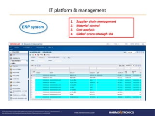 IT platform & management
ERP system
1. Supplier chain management
2. Material control
3. Cost analysis
4. Global access through OA
 
