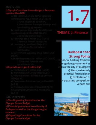 1.7
THEME 7: Finance
Overview
1) Olympic Committee Games Budget = Revenues:
2,901.6 million USD
a. IOC contribution and TOP programme
contributions: 756.9 million USD (26.1 %)
i. Funds dispensed by the IOC
ii. Contributions from sponsorships and
broadcasting agreements
b. Local	sponsorships	and	official	Olympic		
suppliers: 653.2 million USD (22.5 %)
i. Domestic sponsorships
c. Ticketing: 409.4 million USD (14.1 %)
i. Revenue from ticketing sales
d. Licensing: 47.1 million USD (1.6 %)
i. Sales from Olympic related
merchandise
e. Government Subsidies: 552.9 million USD
(19.1 %)
f. Other Revenues: 482.1 million USD (16.6 %)
i. Donations, revenue from
commissions, etc.
2) Expenditures: 2,901.6 million USD
a. Technology: 431 million USD (14.9 %)
b. Workforce: 267.5 million USD (9.2 %)
c. Venues & Other Facilities: 843.4 million
USD (29.1 %)
d. Ceremonies & Culture: 140.3 million USD
(4.8 %)
e. Transportation: 106.2 million USD (3.7 %)
f. Paralympics Games: 219.6 million USD
(7.6 %)
IOC Interests
1) Non-Organizing Committee for the
Olympic Games Budget
2) Financial guarantees from the city of
Budapest as well as the Hungarian gov-
ernment
3) Organizing Committee for the
Olympic Games budget
Budapest 2020
Strong Points
1) Financial backing from the
Hungarian government as
well as the city of Budapest
2) Stern, extremely
practical	financial	plan
3) Exploitation of
pre-existing competition
venues and
 