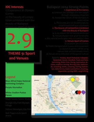 2.9
Budapest 2024 Strong Points
1. Experience at the Games
a. Embrace the heritage of a new nation
through attendance of games
b. Incorporate values of the Olympics in
every venue
c. The events are run exceptionally by
experienced	staff	and	volunteers
2. The Beauty of Competition Combined
with the Beauty of Budapest
a. A city known for its natural attributes
b. Venues chosen near great landmarks
c. Mix natural landscapes with competition sites
3. Venues Apart of Games
a. Locations are accessible
b. Public transportation is easy and convenient
c. Layout of games will be using
venues that are 80% already intact
d. Venues	are	a	reflection	of	Hungarian	culture
IOC Interests
1) Experience at Olympic
Games
2) The beauty of compe-
tition combined with the
beauty of Budapest
3) Venues apart of games
Legend
Blue: Alfred Hajos National
Swimming Complex
Purple: Kisstadion
White: Stadion Puskas
Ferenc
Black: Szusza Ferenc Stadion
Orange: City Park Olympic
Village
Yellow: Városliget, City Park
Red: Papp-Laszlo Sport
Arena
Sports: Hockey, Beach Volleyball, Volleyball,
Basketball, Soccer, Handball, Track and Field,
Swimming, Water Polo, Diving, Gymnastics, Ar-
chery, triathlon, boxing, fencing, judo, taekwon-
do, wrestling, tennis, canoeing, rowing, badmin-
ton, table tennis,modern pentathlon, shooting,
equestrian, cycling, BMX, weightlifting
THEME 9: Sport
and Venues
 